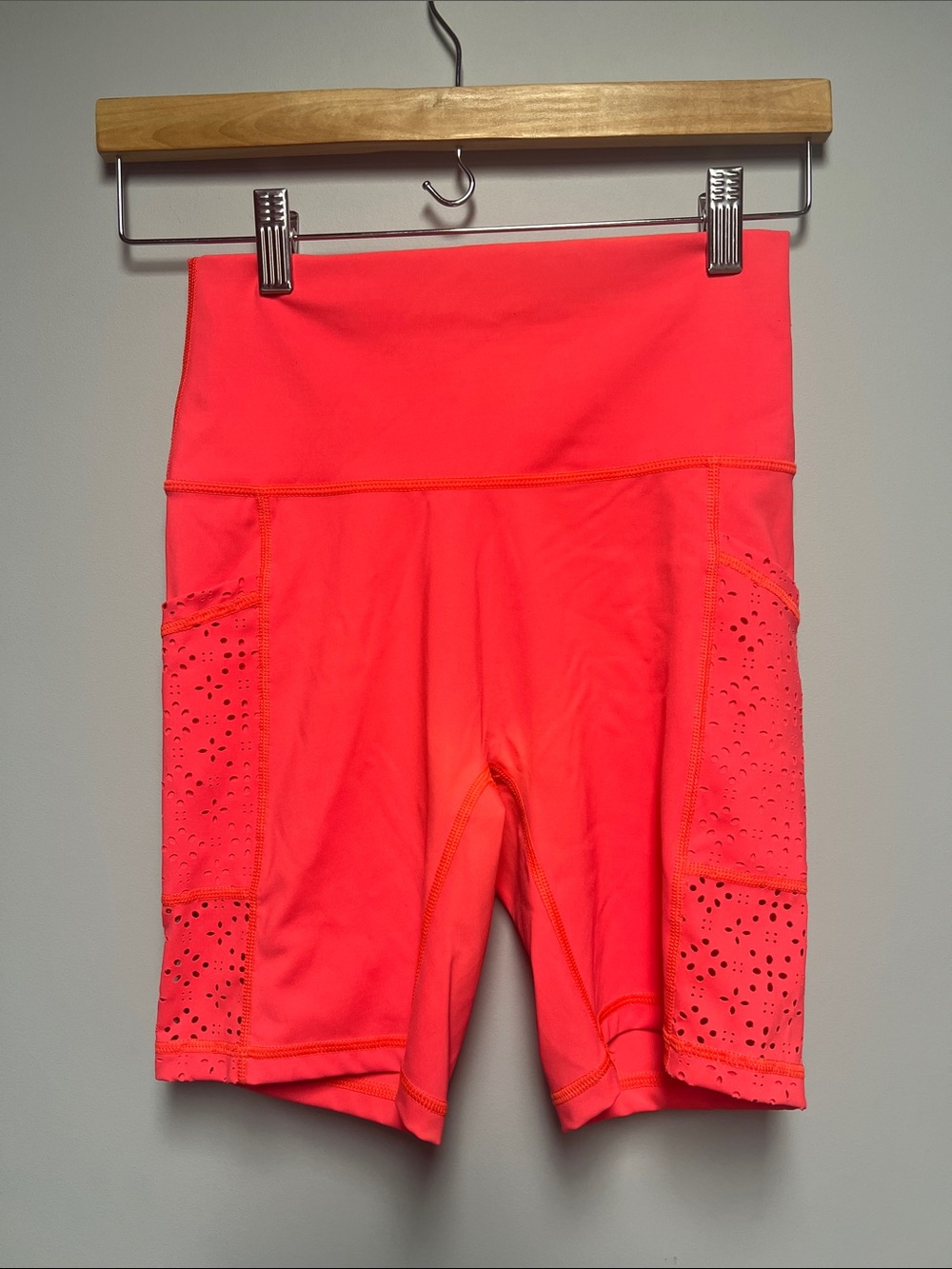 aerie Neon Coral High-Waist Bike Shorts with Laser-Cut Pockets